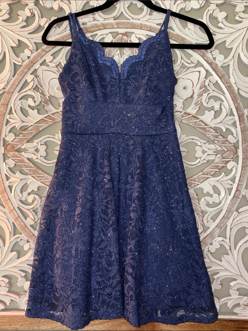 Teeze Me Navy Blue Glitter Lace Fit & Flare Skater Dress Sz 1/2 EUC